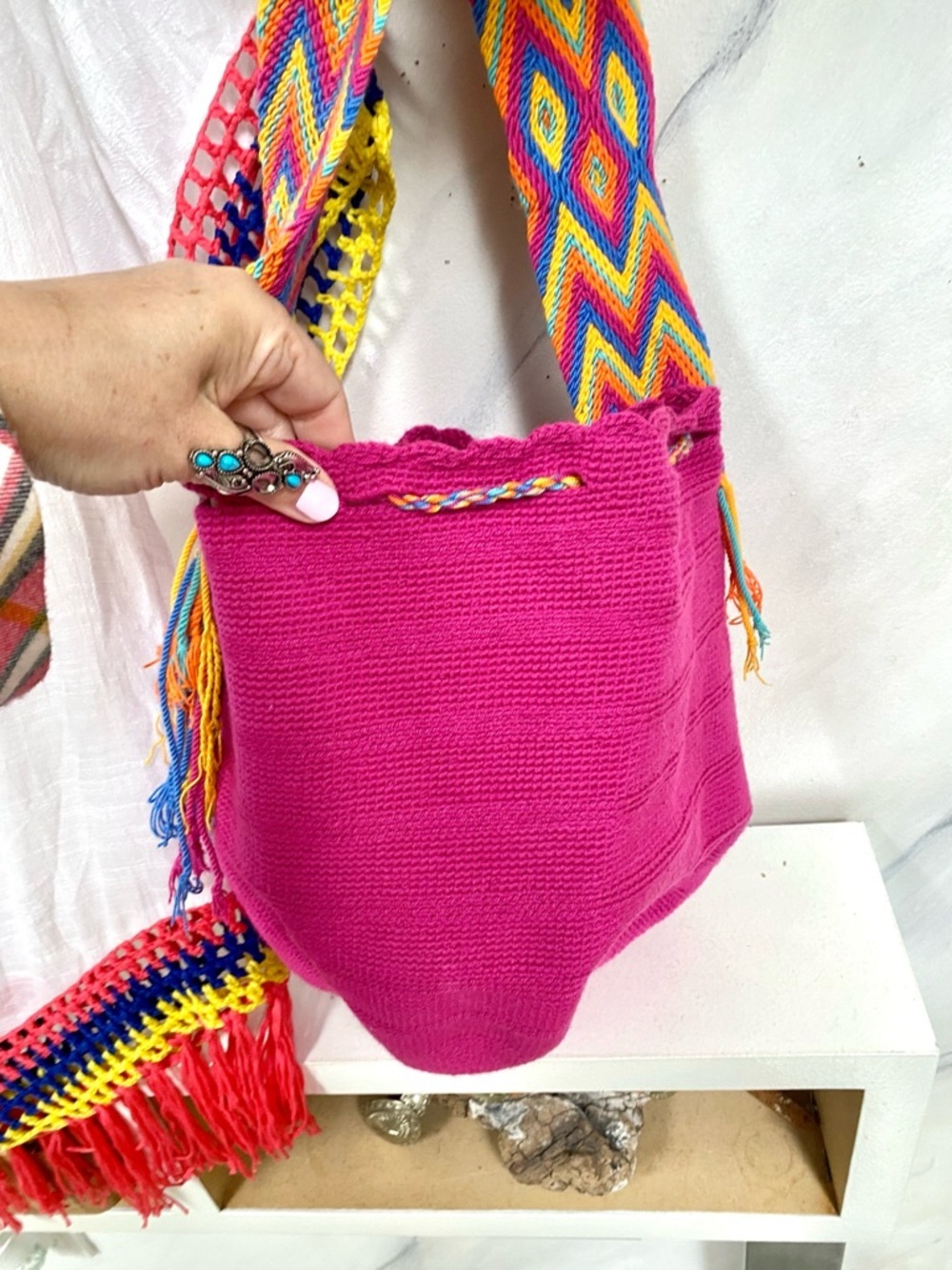 Artisan Fringe tassel hippy bucket bag with Gypsy resort vacay beach vibe - Picture 14 of 14